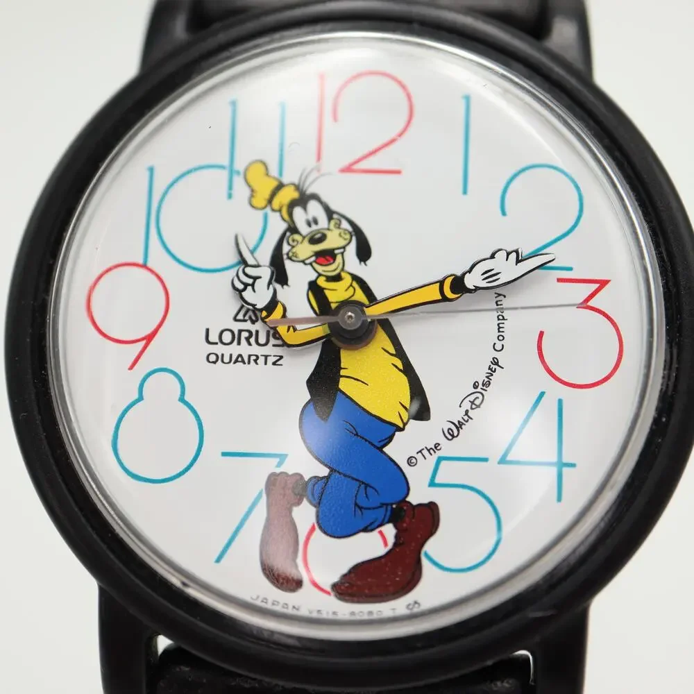 Vintage Lorus Seiko Disney Goofy 35mm Watch Black Leather V515-8030 New Battery